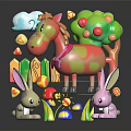Colorful Toy Animal Characters With Spotted Horse Rabbits Tree Apples Cloud And Flowers