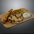 Tasty Grilled Chicken Skewers with Flatbread French Fries Fried Egg and Rice on Wooden Platter