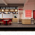 Modern Restaurant Interior Design With Wooden Tables Hanging Lamps And Red Wall Decor