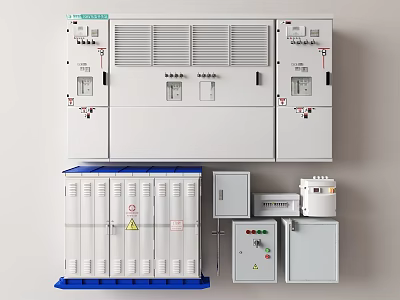 Industrial Electrical Control Equipment With Distribution Cabinets Safety Warning Labels And Ventilation Grilles 3d model