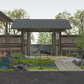 Japanese Courtyard Garden Featuring Wooden Gate Black Tiled Roof Lanterns Stone Path And Mossy Rocks