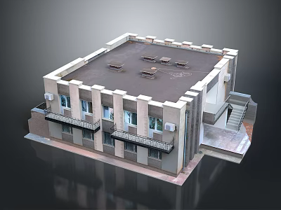 Birds Eye View Planning of Two Story Building With Balconies Windows Roof Structures and Staircase 3d model