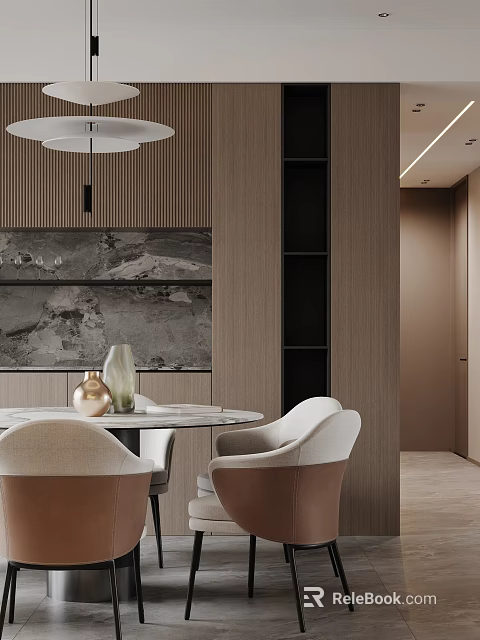 Elegant Modern Restaurant Interior With Wooden Walls Round Dining Table Beige Chairs And Marble Backdrop 3d model 