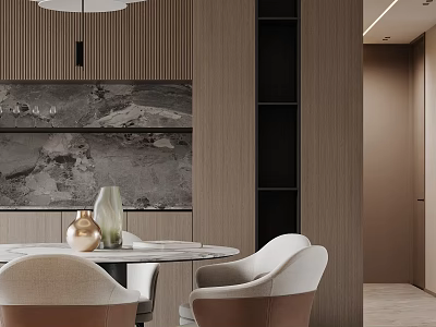 Elegant Modern Restaurant Interior With Wooden Walls Round Dining Table Beige Chairs And Marble Backdrop 3d model