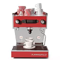 Professional Red Coffee Machine Kitchen Appliance With Stacked Striped Cups And White Cup