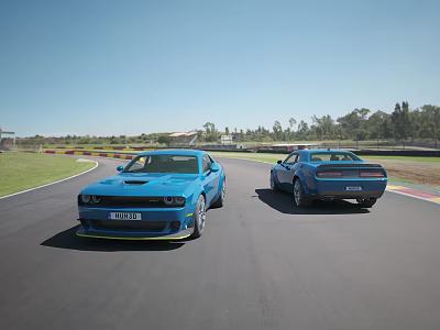 Two Blue Sports Cars Driving On Race Track With Sunny Sky Green Grass And Trees 3d model