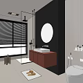 Modern Bathroom Interior Design Featuring Round Mirror Wooden Vanity Glass Shower And Window Blinds