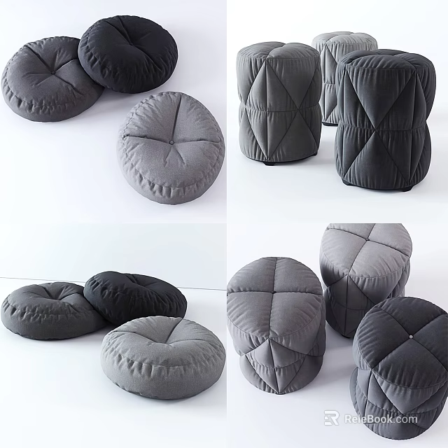 Modern Gray Soft Fabric Quilted Ottoman With Various Shapes For Living Room Seating 3d model 