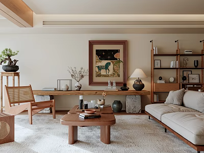 Natural Living Room Interior With Wooden Coffee Table Beige Sofa Wicker Chair And Framed Painting 3d model