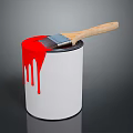 White Paint Can With Red Paint Dripping And Wooden Brush On Top
