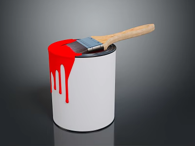 White Paint Can With Red Paint Dripping And Wooden Brush On Top 3d model