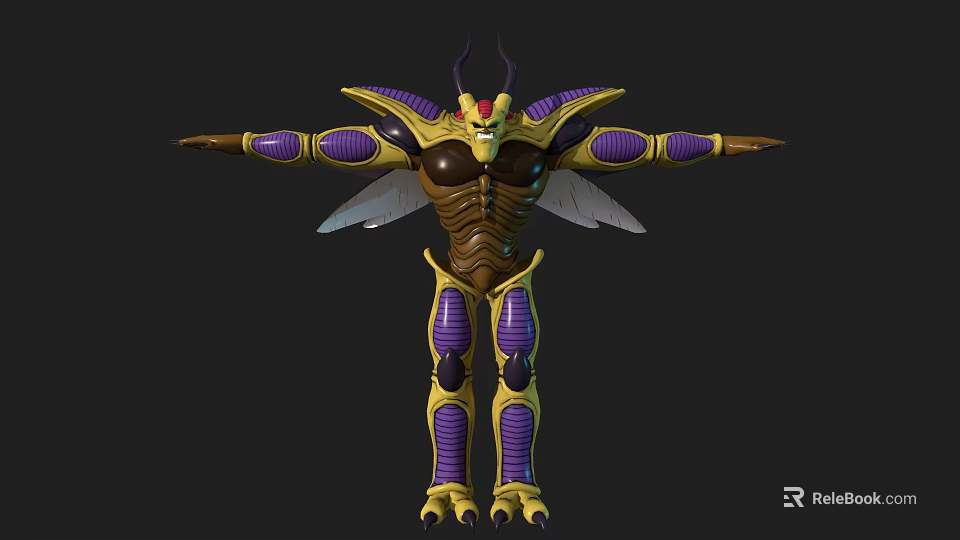 Game and Movie Character Featuring Horned Winged Purple Yellow Armor With Outstretched Arms 3d model 
