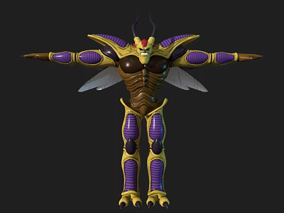 Game and Movie Character Featuring Horned Winged Purple Yellow Armor With Outstretched Arms 3d model