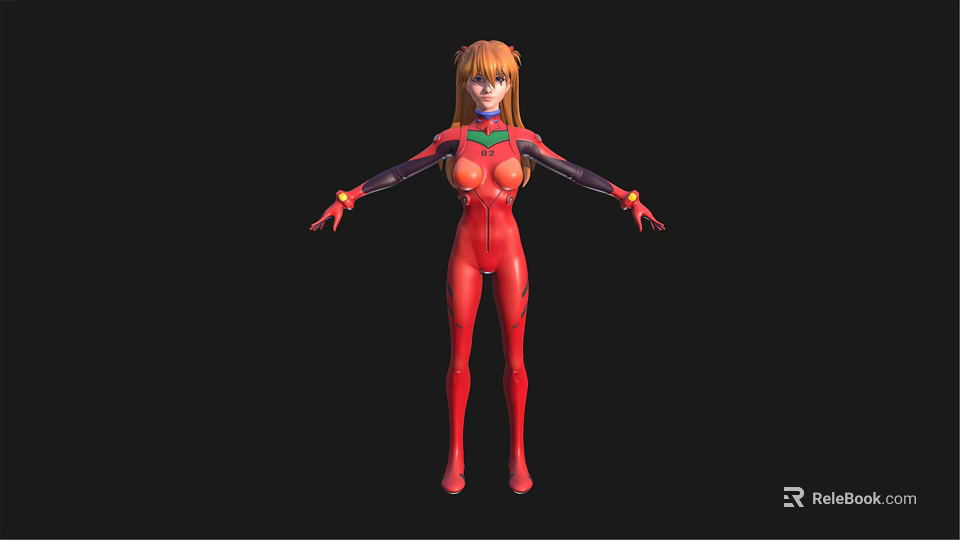 Futuristic Humanoid Character In Red Bodysuit With Orange Long Hair Green Details And Outstretched Arms 3d model 