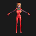Futuristic Humanoid Character In Red Bodysuit With Orange Long Hair Green Details And Outstretched Arms