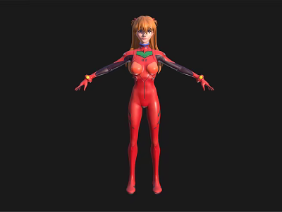 Futuristic Humanoid Character In Red Bodysuit With Orange Long Hair Green Details And Outstretched Arms 3d model