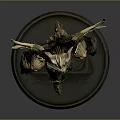 Detailed Dark Armor Statue With Golden Wings And Horns On Round Base