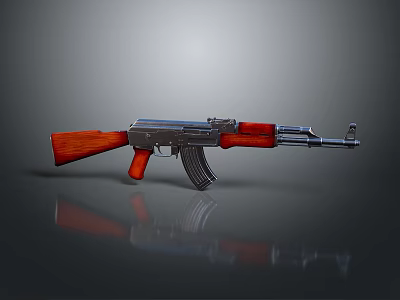 Assault Rifle With Wooden Stock Grip And Metallic Body On Reflective Surface 3d model