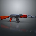 Assault Rifle With Wooden Stock Grip And Metallic Body On Reflective Surface