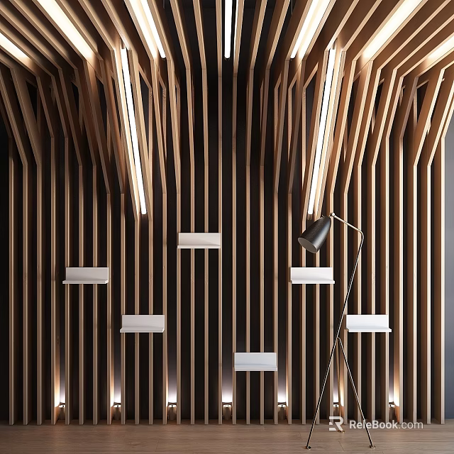 Wooden Vertical Strips Wall Decor with Built-in Light Strips White Shelves and Floor Lamp 3d model 