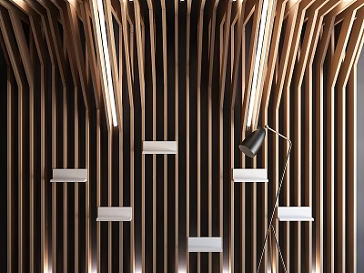 Wooden Vertical Strips Wall Decor with Built-in Light Strips White Shelves and Floor Lamp 3d model