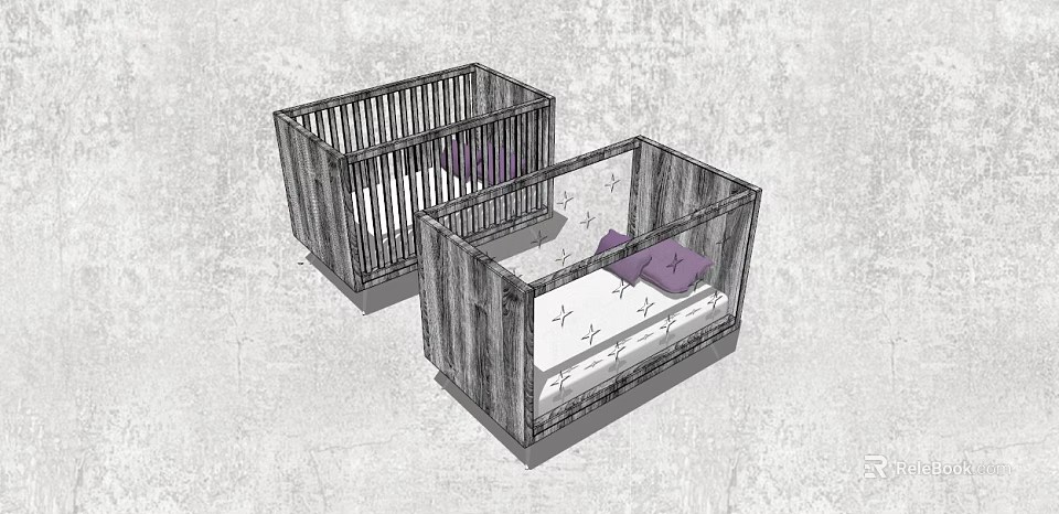 Wooden Baby Cribs With Railed Design Patterned Mattress And Purple Pillows For Nursery 3d model 