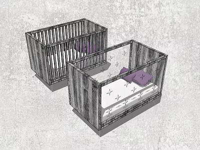 Wooden Baby Cribs With Railed Design Patterned Mattress And Purple Pillows For Nursery 3d model