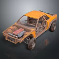 Orange Modified Off-Road Car With Rugged Design Exposed Engine Parts Open Doors And Large Tires