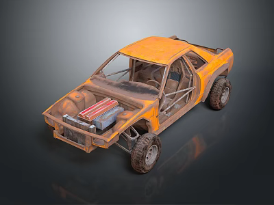 Orange Modified Off-Road Car With Rugged Design Exposed Engine Parts Open Doors And Large Tires 3d model