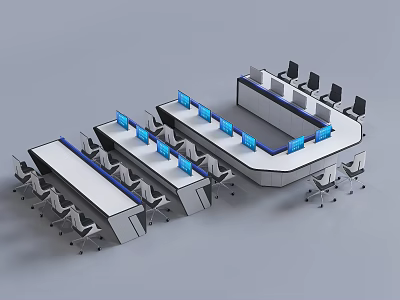 Modern Office Desks In U Shaped Arrangement With Blue Monitors And Multiple Chairs 3d model