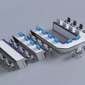 Modern Office Desks In U Shaped Arrangement With Blue Monitors And Multiple Chairs