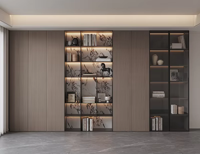 Modern Bookcase Interior Design With Built in Lighting Glass Doors And Decorative Items 3d model