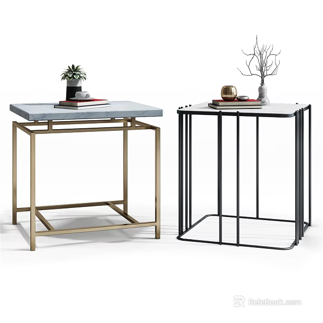 Modern Side Tables With Gold And Black Frames Marble Tabletops And Decorative Items 3d model 