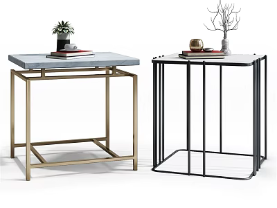 Modern Side Tables With Gold And Black Frames Marble Tabletops And Decorative Items 3d model