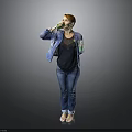 Red Haired Woman Drinking Green Drink In Denim Jacket And Blue Jeans On Gray Background