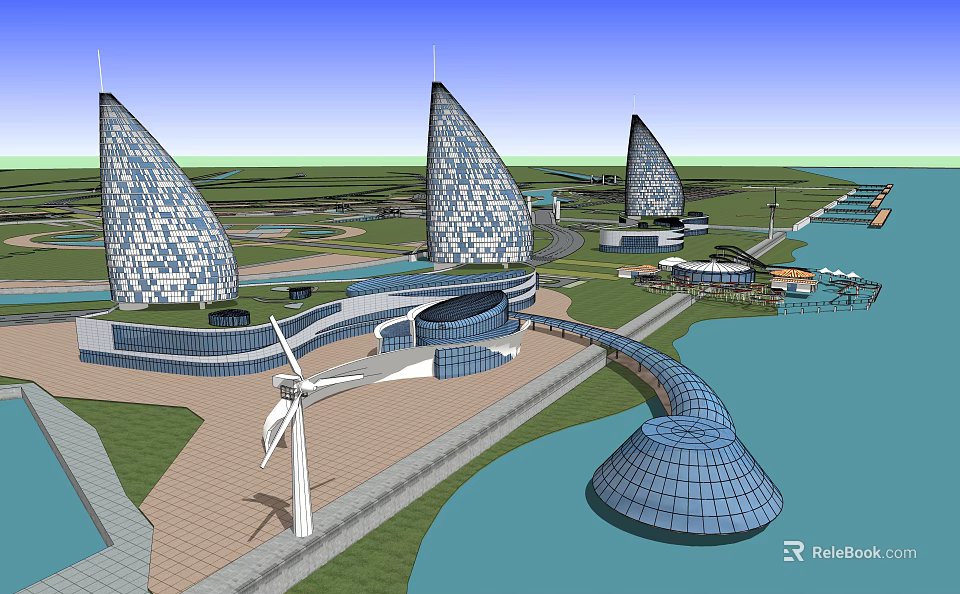 Modern Hotel Building With Tapered Glass Towers Waterfront Green Space And Curved Walkway 3d model 
