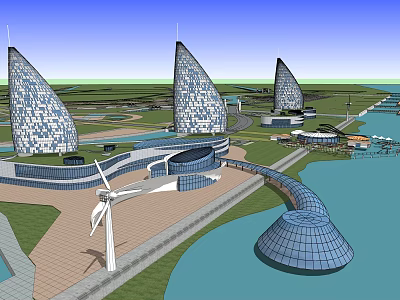 Modern Hotel Building With Tapered Glass Towers Waterfront Green Space And Curved Walkway 3d model