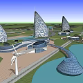 Modern Hotel Building With Tapered Glass Towers Waterfront Green Space And Curved Walkway