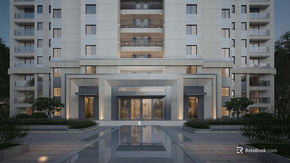 Modern High Rise Building Entrance With Glass Doors Water Pool And Green Plants Lighting 3d model 