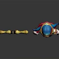 Vibrant Game Character With Blue Hair Colorful Hat And Golden Cross Weapon With Blue Gems