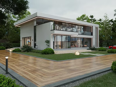 Modern Single Family House Exterior With Large Glass Windows Wooden Deck And Landscaping 3d model