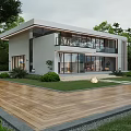 Modern Single Family House Exterior With Large Glass Windows Wooden Deck And Landscaping