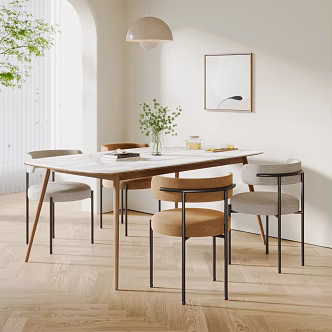 Cream Style Dining Table and Chair Dining Table Dining Chair Single Chair Decorative Painting Chandelier Plant Potted Ornaments Eucalyptus 3d model