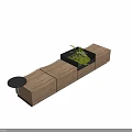 Wooden Modular Landscape Seating Featuring Planter Box Green Plants And Small Round Table