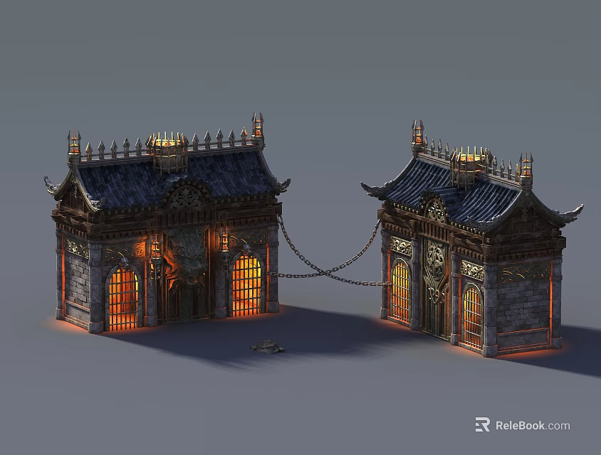 Cartoon Scenery With Chinese Style Buildings Tile Roofs Carved Decorations Lit Windows And Chain Link 3d model 