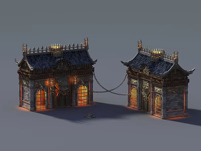 Cartoon Scenery With Chinese Style Buildings Tile Roofs Carved Decorations Lit Windows And Chain Link 3d model