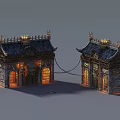 Cartoon Scenery With Chinese Style Buildings Tile Roofs Carved Decorations Lit Windows And Chain Link