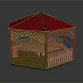 Wooden Gazebo With Red Roof And Hexagonal Design Railing And Platform