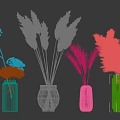 Minimalist Dried Flower Arrangements In Black White Gray Ceramic Vases With Gray Concrete Wall