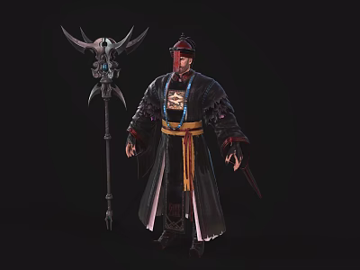 Fantasy Game Movie Warrior Character in Dark Robe Holding Spiked Halberd with Red Headgear 3d model